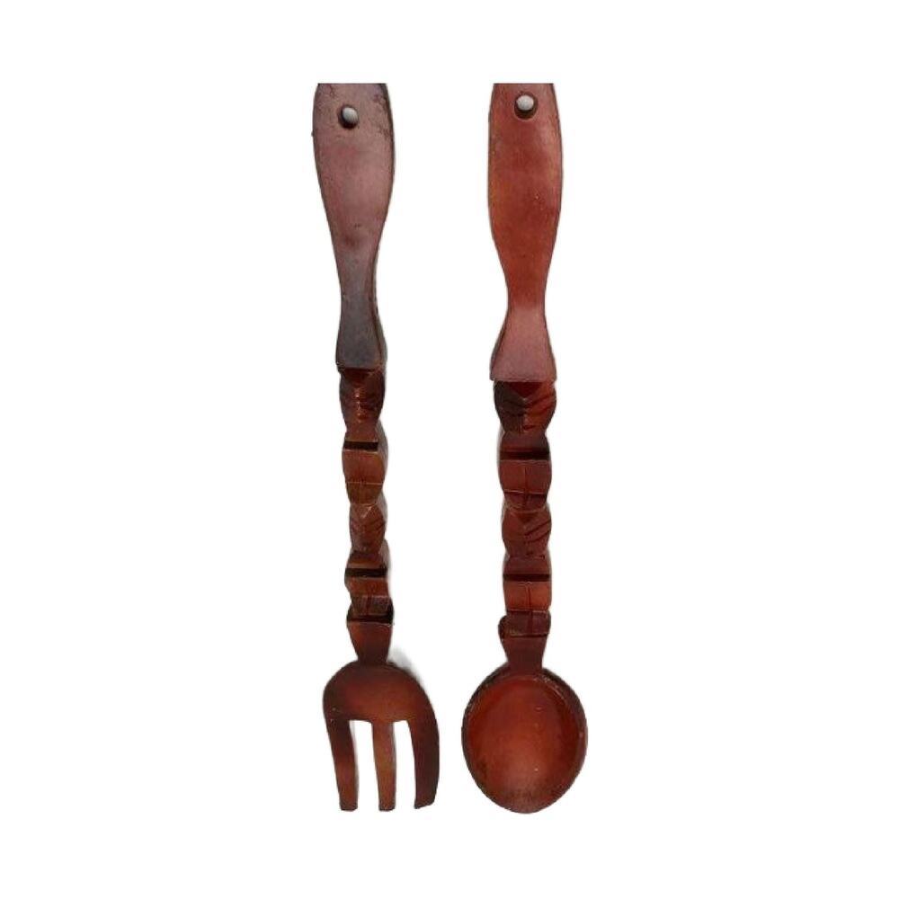 Mid Century Oversized Wooden Tiki Fork and Spoon 1970, 17" Tall